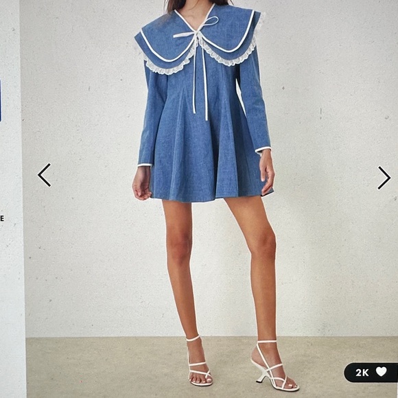 Sister Jane Dappled pure cotton oversized collar mini dress with bow in denim - Picture 9 of 9